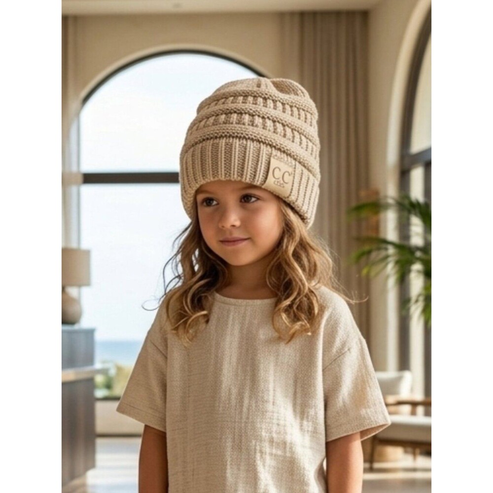 C.C Kids Beige Knitted Beanie Winter Hat One Size